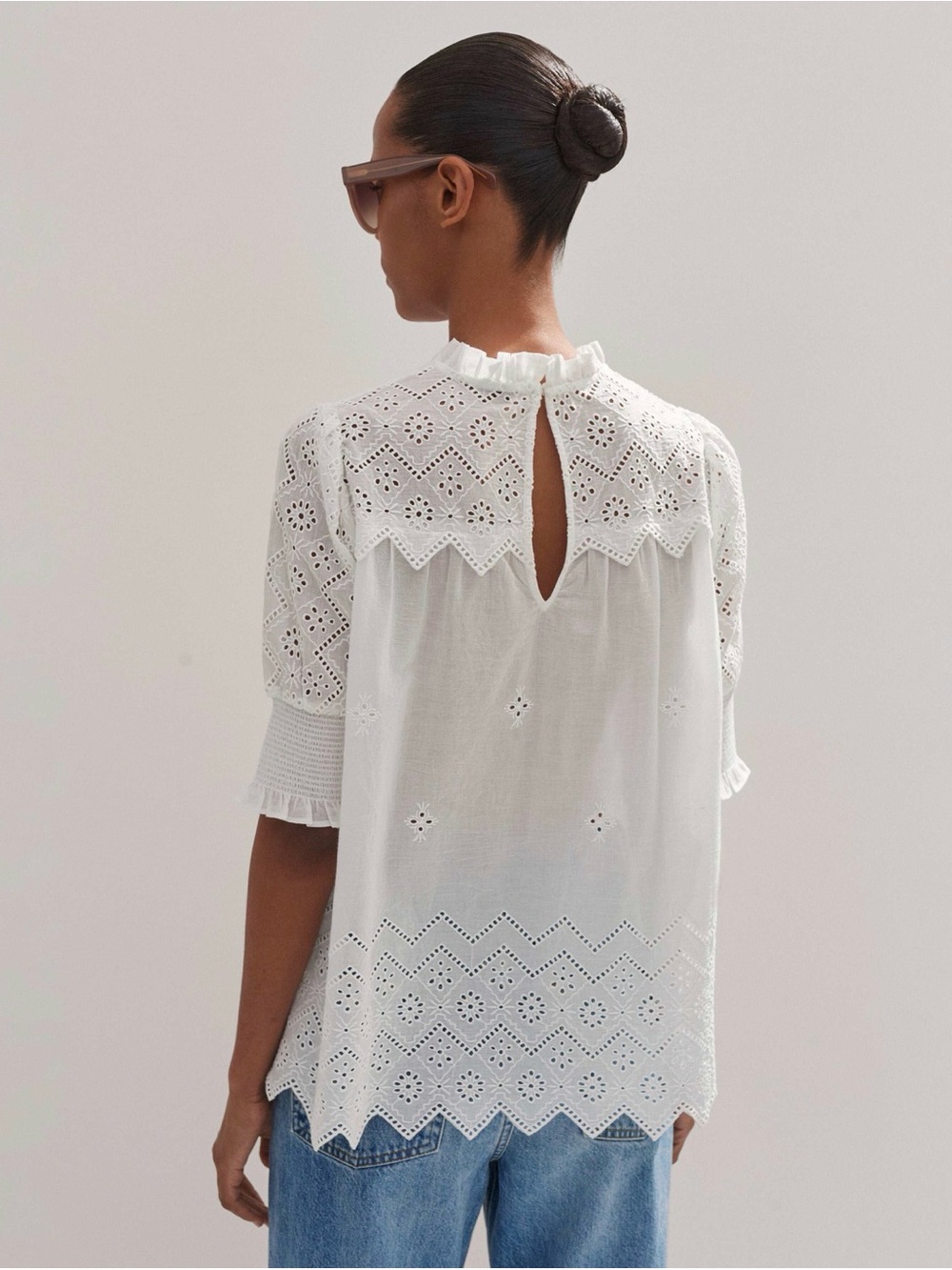 ME+EM White Eyelet Lace Cotton Blouse with Ruffle Neck - Picture 3 of 10